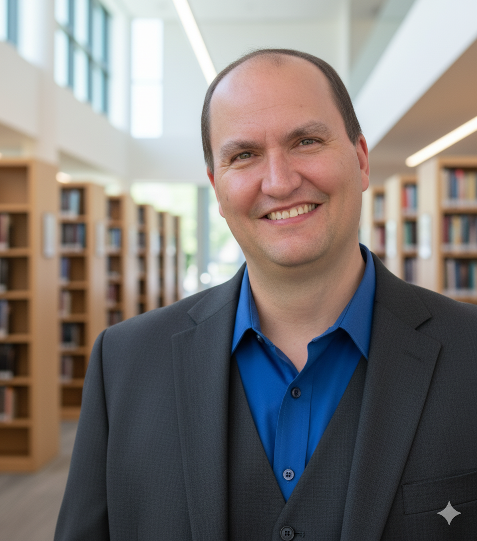 Aaron stands in a library