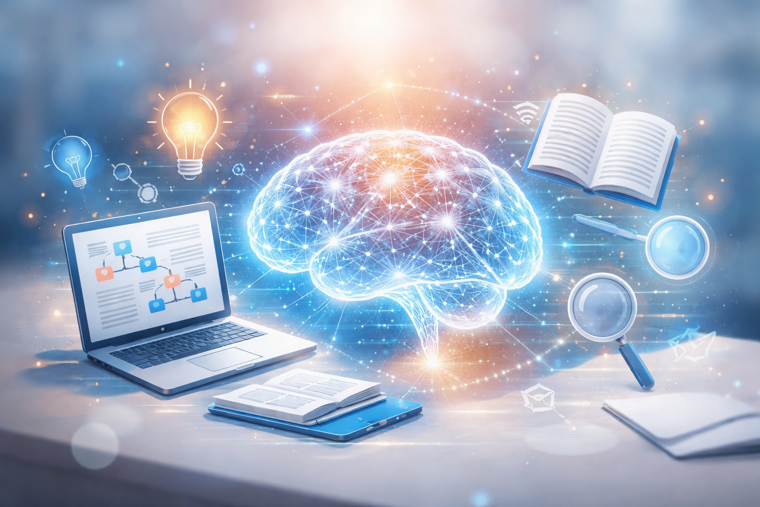 Decorative image that shows a computer, open books, and a computerized brain.