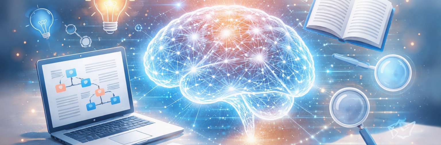 Decorative image that shows a computer and an electronic brain.